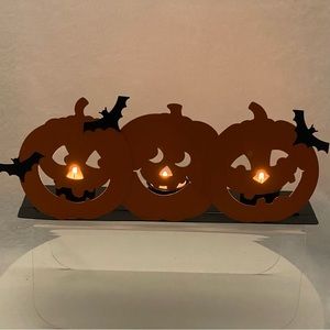 Hallmark Halloween Metal 3 Tea Light Pumpkin Jack O Lantern Candle Holder 11.5"